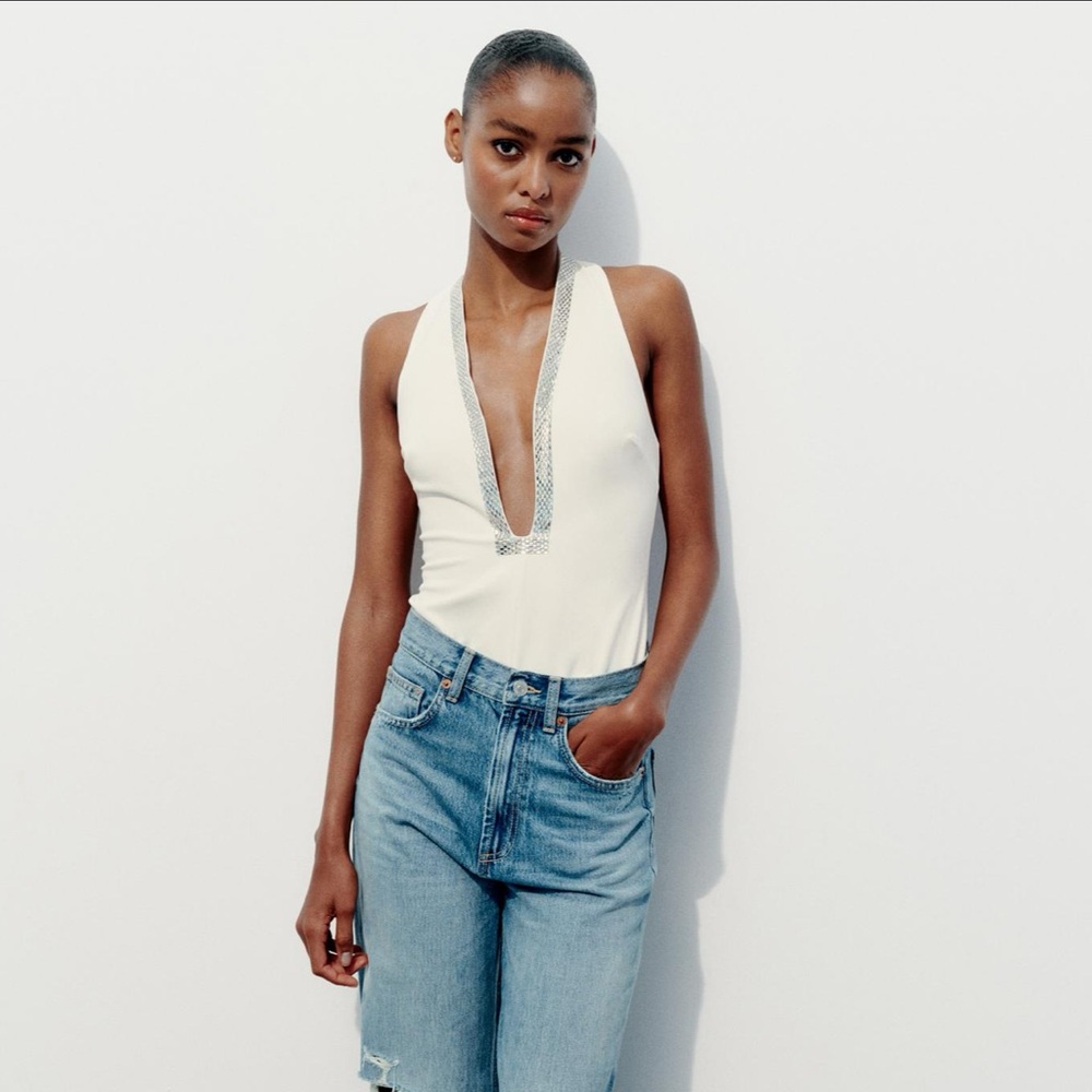 Zara small rhinestone plunging bodysuit